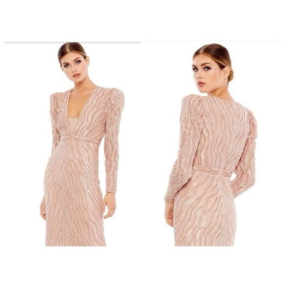 Mac Duggal Size 14 Gown Sequined Beaded Puff Sleeve Deep V Neck Blush Pink - Picture 2 of 12